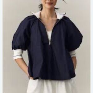 Maeve Navy Jacket with Cream Trim and Gold Zipper